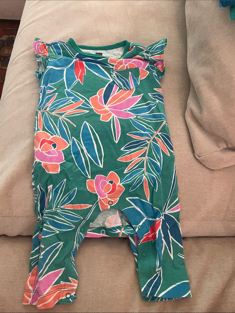 Tea Collection Green Floral Baby Romper with Pink & Coral Blooms